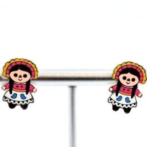 Sterling Silver and Enamel Mexican Lelé Doll Post Earrings